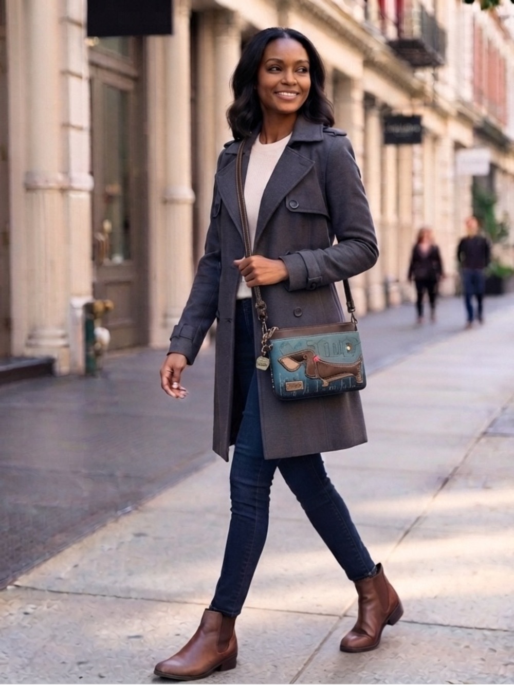 Chala Teal and Brown  Dachshund Appliqué Crossbody Bag